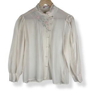 Vintage Peony 100% Silk Top Womens Size Medium 38 Hand Embroidered Shanghai 80s